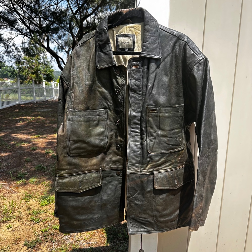 Vintage Cignal Genuine Leather Safari Field Jacket Mens Large‎ Brown Pocket Coat